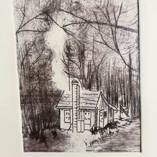 small drypoint of a cabin in the woods
