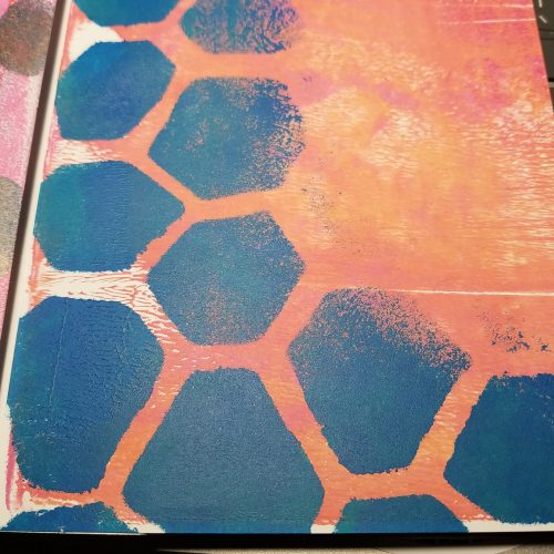 2 color gelli print with distorted hex pattern