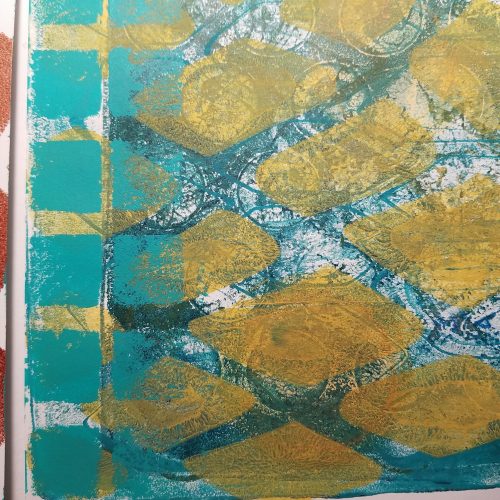 many layered gelli print with squares and net pattern