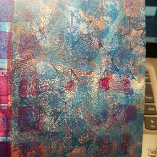 many layered gelli print, numbers squares and other patterns