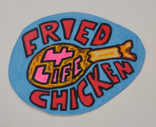 fried chicken leg with 4 life inside and fried chicken around it, in final color scheme of red and pink letters with orange and mottled brown chicken on a light blue backlground.