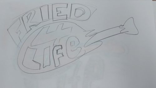 pencil sketch of a fried chicken leg with the words fried 4 life