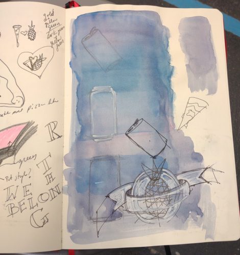 sketchbook page showing a watercolor demo and sketches of soda cans and pineapple on pizza